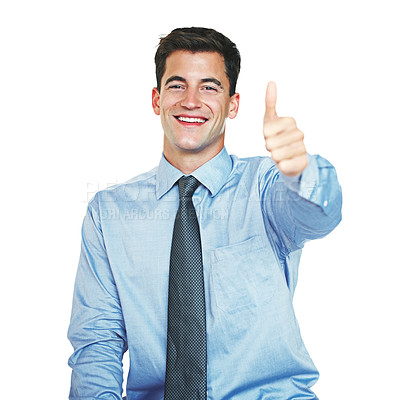 Buy stock photo Studio portrait of a young businessman showing thumbs up against a white background