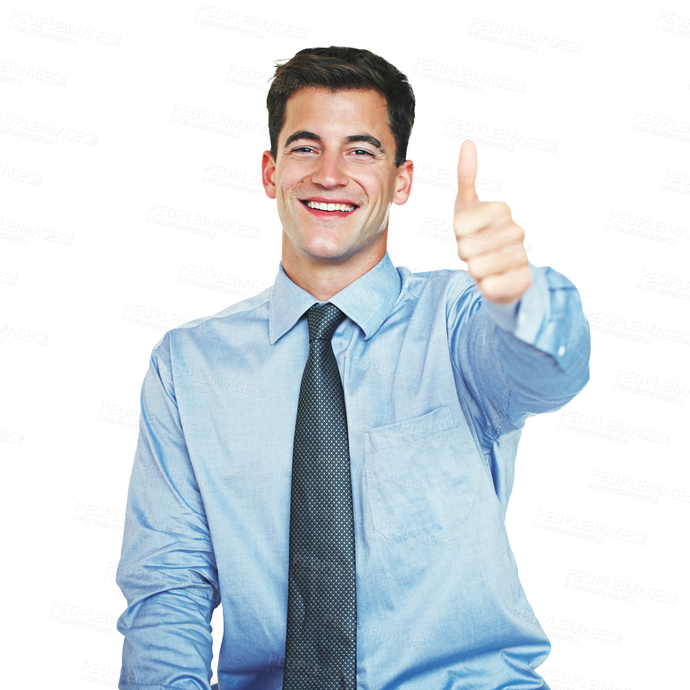 Buy stock photo Studio portrait of a young businessman showing thumbs up against a white background