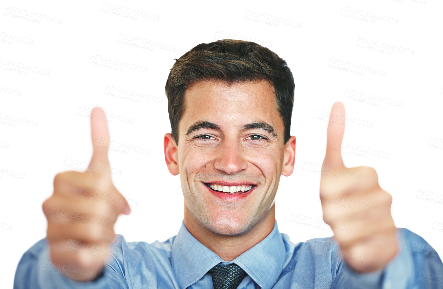Buy stock photo Thumbs up, success and portrait of business man in studio for escrow approval, winner and realtor achievement. Smile, agreement and property goal with person on white background and hand gesture
