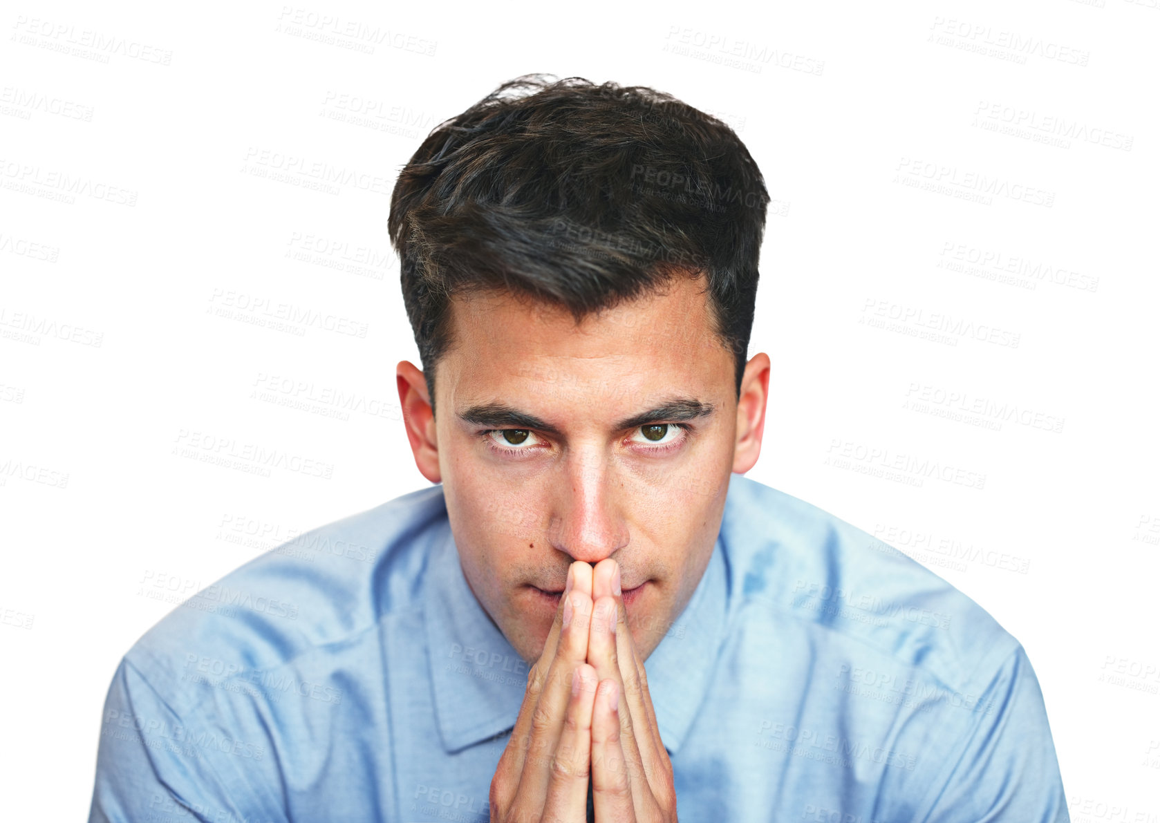 Buy stock photo Studio portrait of a young businessman looking thoughtful against a white background