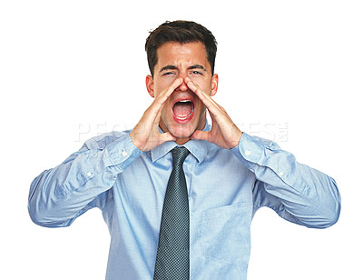 Buy stock photo Studio portrait of a young businessman shouting against a white background