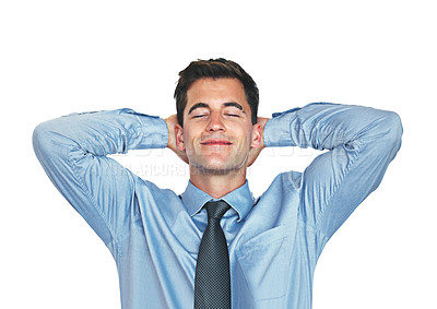 Buy stock photo Studio shot of a young businessman with his hands behind his head isolated on white