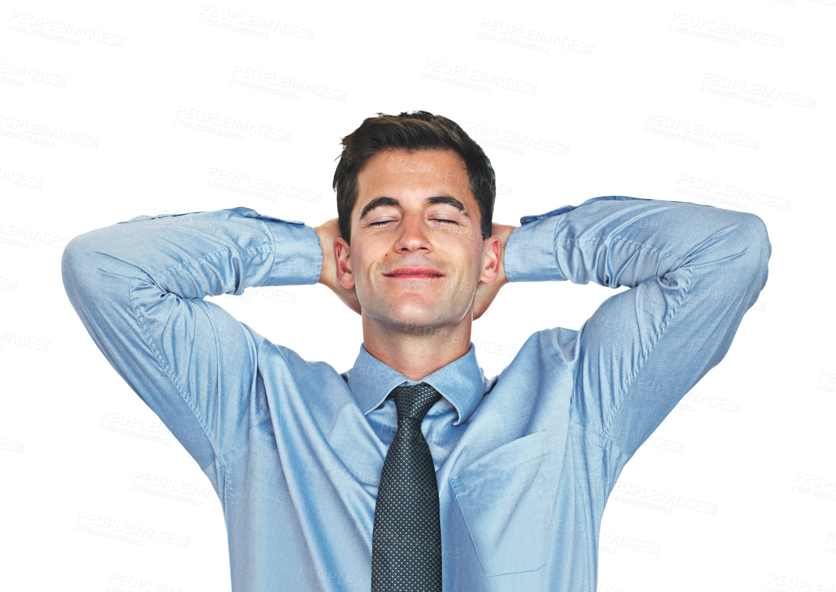 Buy stock photo Studio shot of a young businessman with his hands behind his head isolated on white