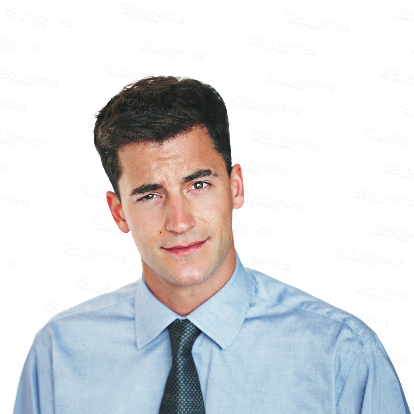 Buy stock photo Portrait, smile or businessman with doubt in studio, confused or skeptical for legal case solution. Questions, space or puzzled lawyer with decision making on white background, unsure or professional