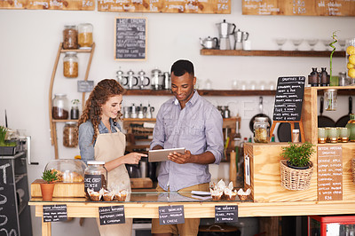 Buy stock photo Collaboration, small business shop and tablet with owner in coffee shop together for planning or service. Teamwork, technology for ecommerce or online order with man and woman in cafe or restaurant