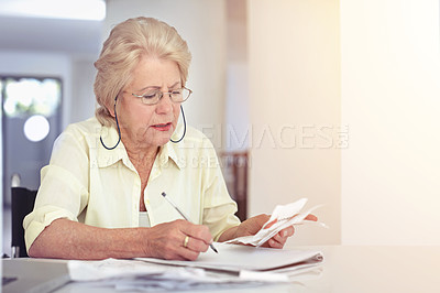 Buy stock photo Senior woman, retirement or planning budget or tax paperwork, financial documents or receipt, investment or savings. Elderly person, confused or finance or debt, bills or pension management mockup