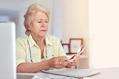 Buy stock photo Senior woman, planning budget and retirement or paperwork for tax, financial documents or receipt, investment or savings. Elderly person, finance or money or pension, bills or debt management