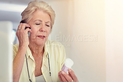 Buy stock photo Healthcare, senior woman on call with prescription and from her home. Medication or medicine for health wellness, communication and mockup space with elderly female with pills or her cellphone