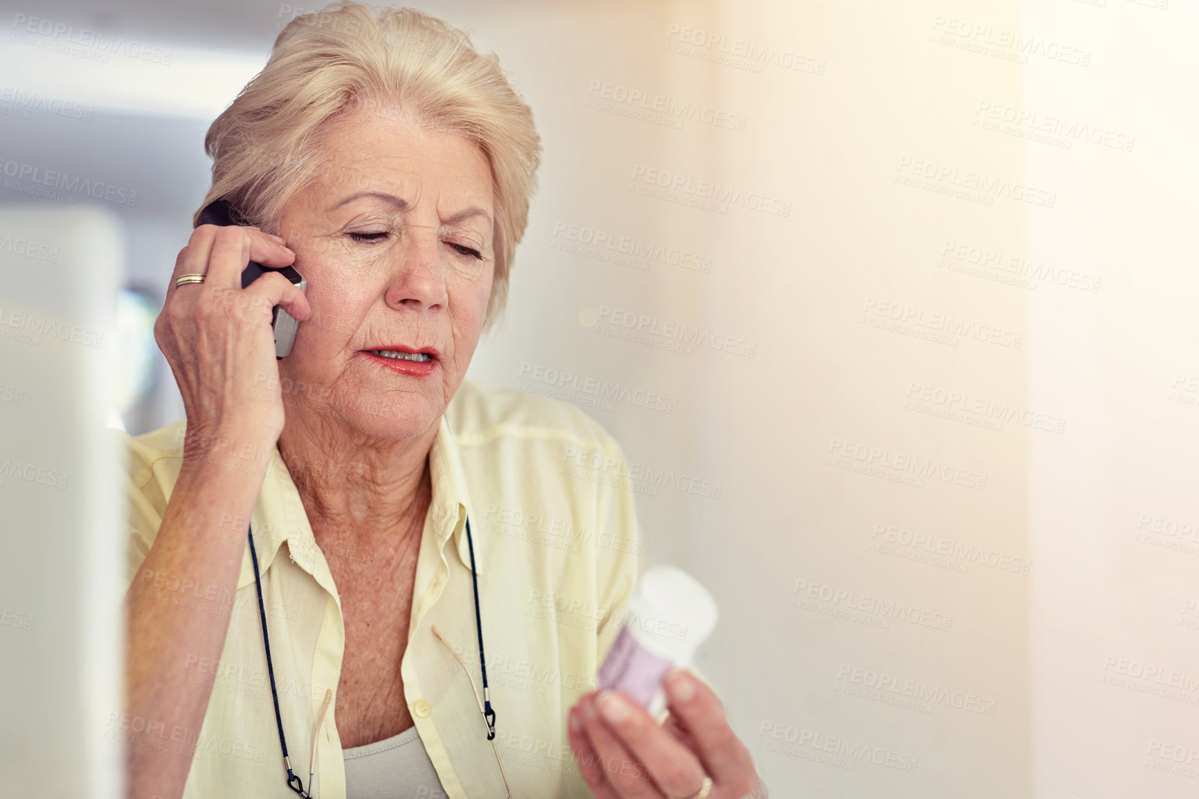 Buy stock photo Healthcare, senior woman on call with prescription and from her home. Medication or medicine for health wellness, communication and mockup space with elderly female with pills or her cellphone