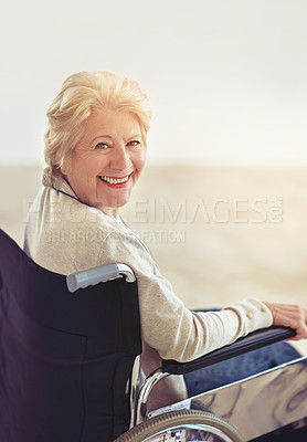 Buy stock photo Cropped portrait of a senior woman in her wheelchair at home