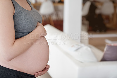 Buy stock photo Cropped shot of a pregnant woman standing in her home