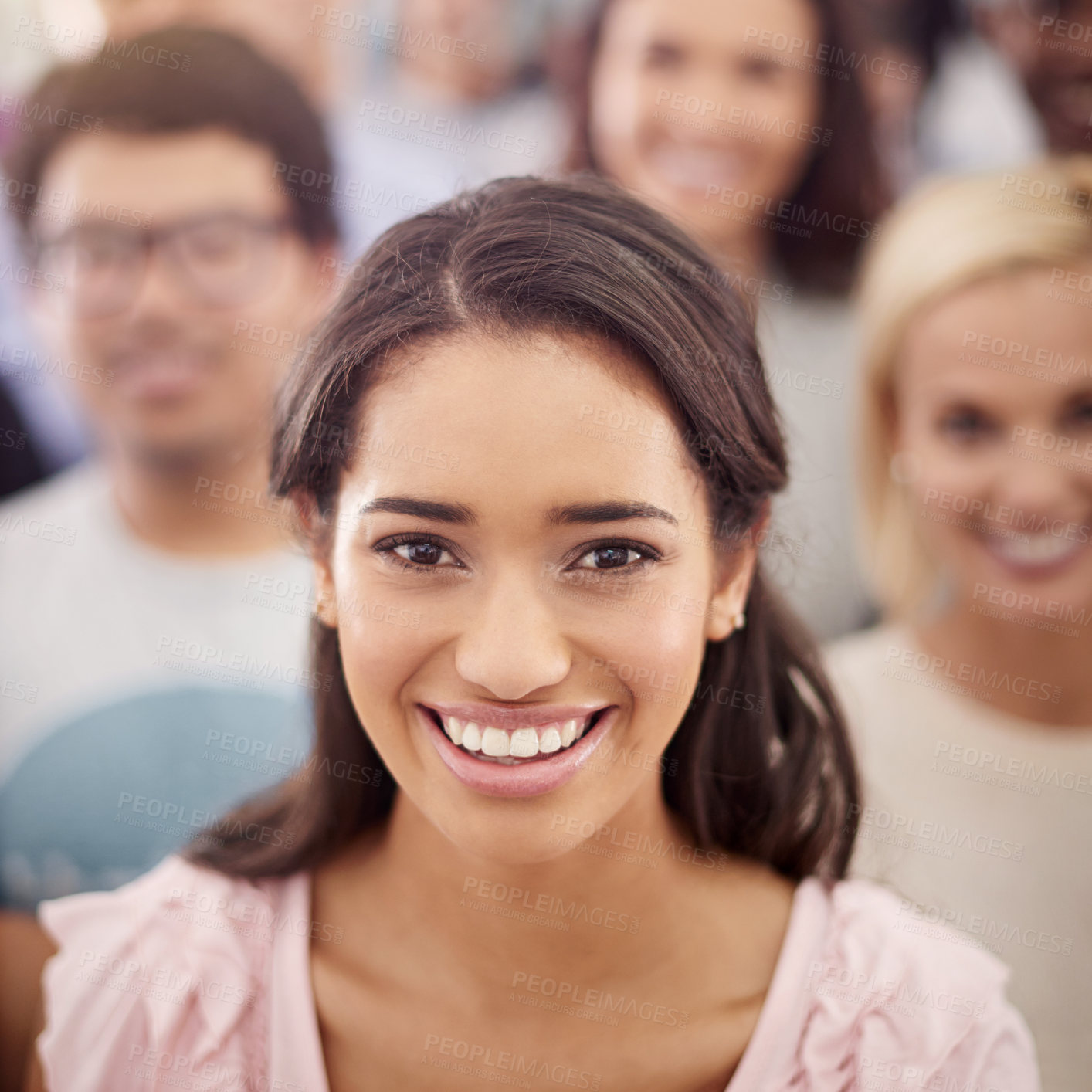 Buy stock photo Cropped portrait of a smiling businesswoman amongst her coworkers