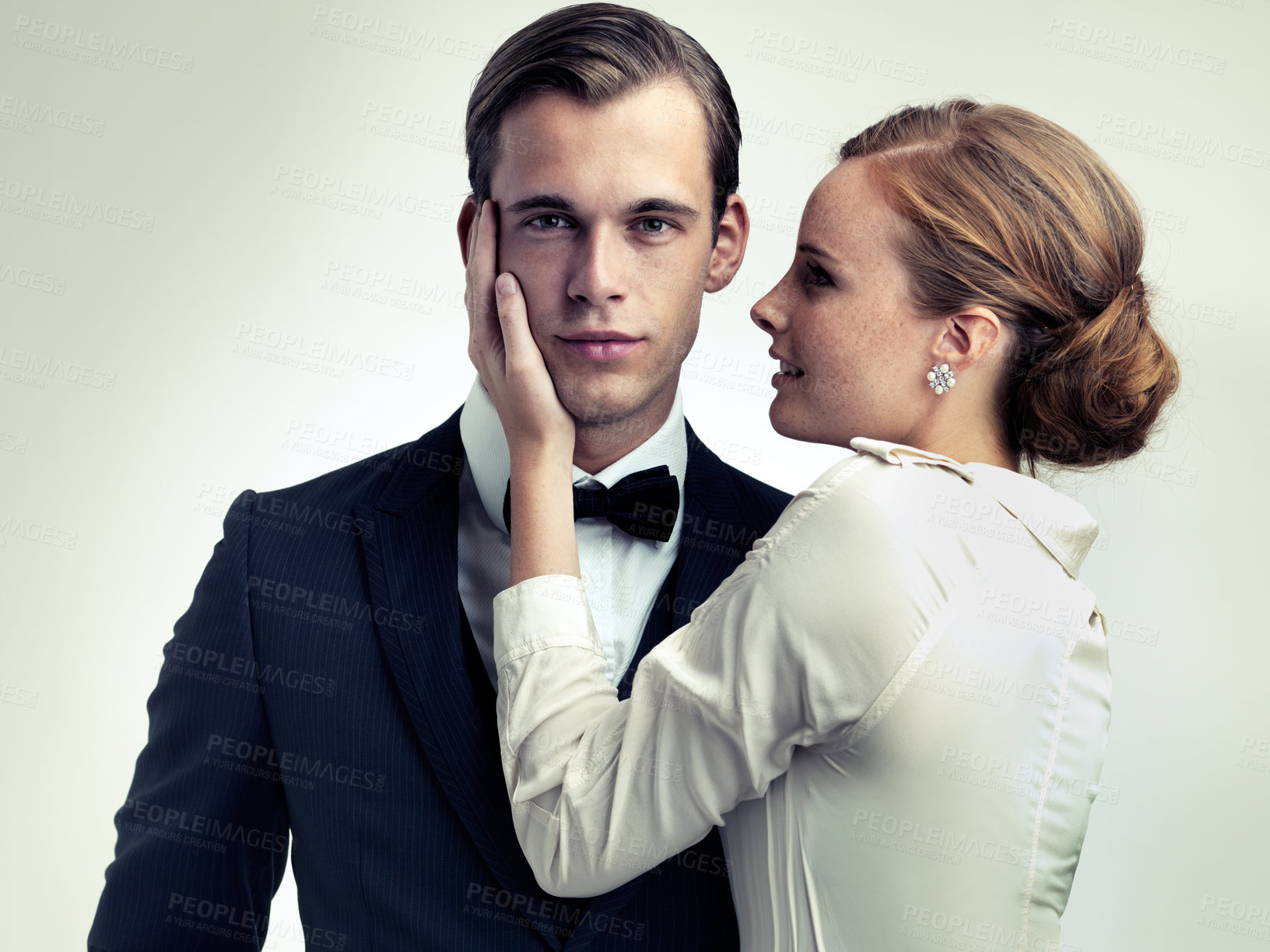Buy stock photo Stylish, couple and portrait in studio for vintage or retro fashion with classic old school look, elegant and glamour. Male person or playboy, woman and together for romance relationship and luxury.