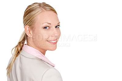 Buy stock photo Studio portrait of a businesswoman standing against a white background