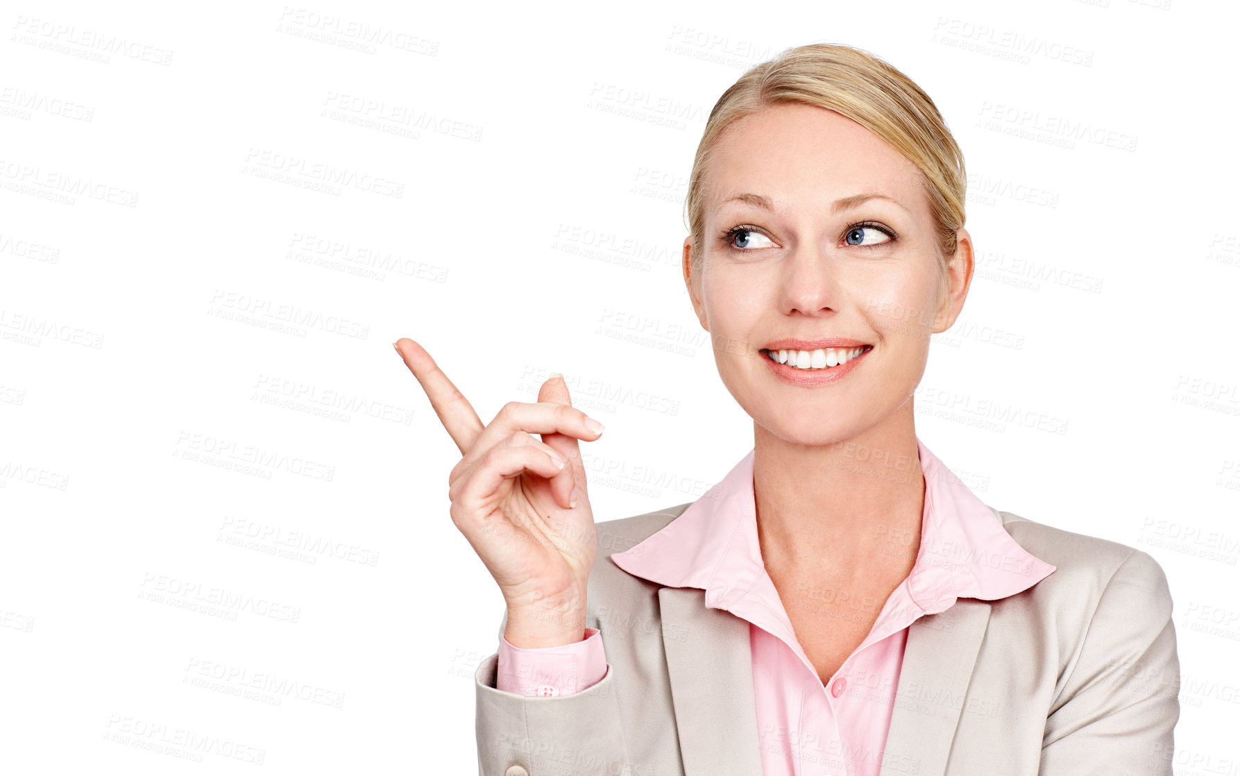 Buy stock photo Studio shot of a businesswoman pointing towards copyspace against a white background