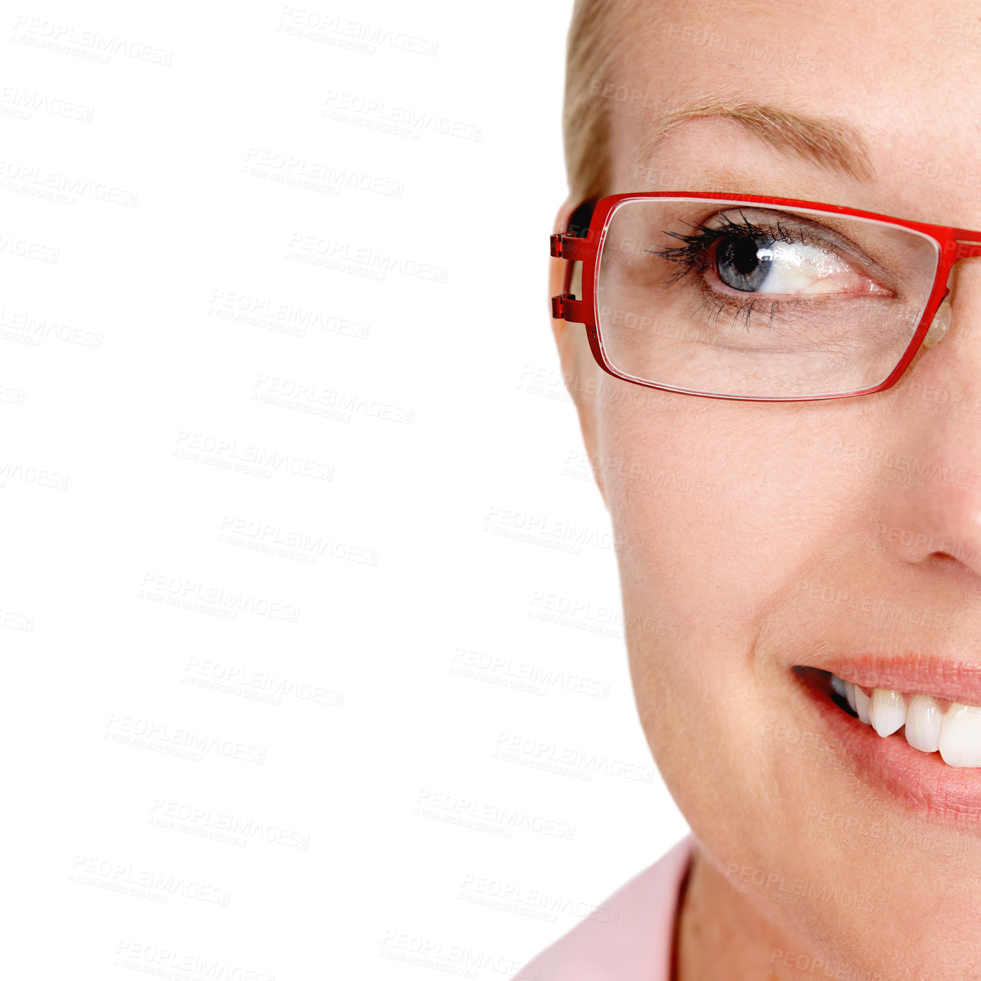 Buy stock photo Optometry, space and woman in studio with glasses, prescription lens and spectacles for eyesight. Thinking, mockup and half face of person for eye care, vision and frame deal on white background