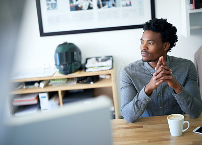 Buy stock photo Business, thinking and black man with planning, hands together and solution with choice, coffee and decision. African person, employee or consultant with creativity, entrepreneur and inspiration