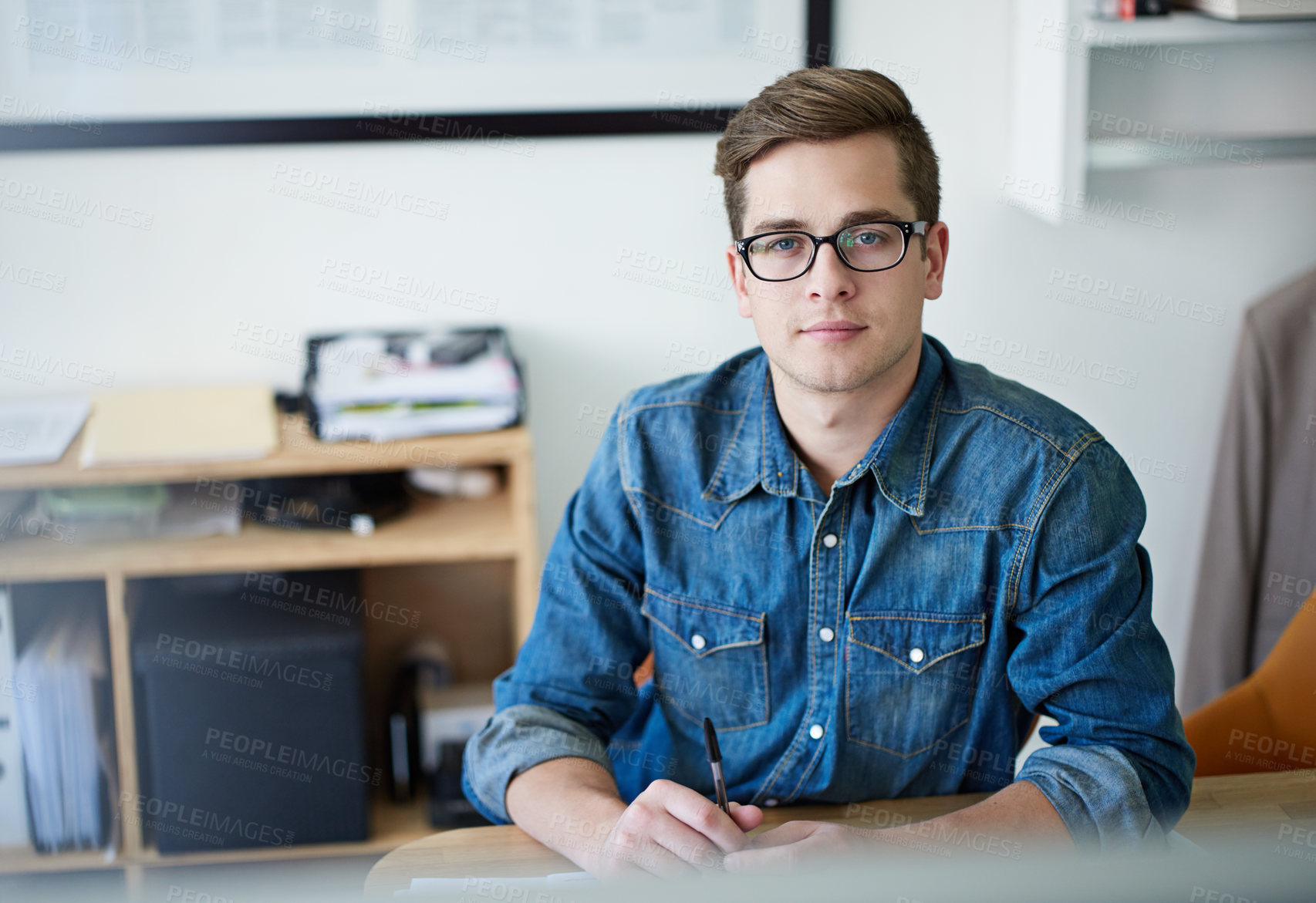 Buy stock photo Creative, pride and portrait of business man in office for administration, designer and startup. Planning, product merchandiser and schedule with person and writing in agency for entrepreneur