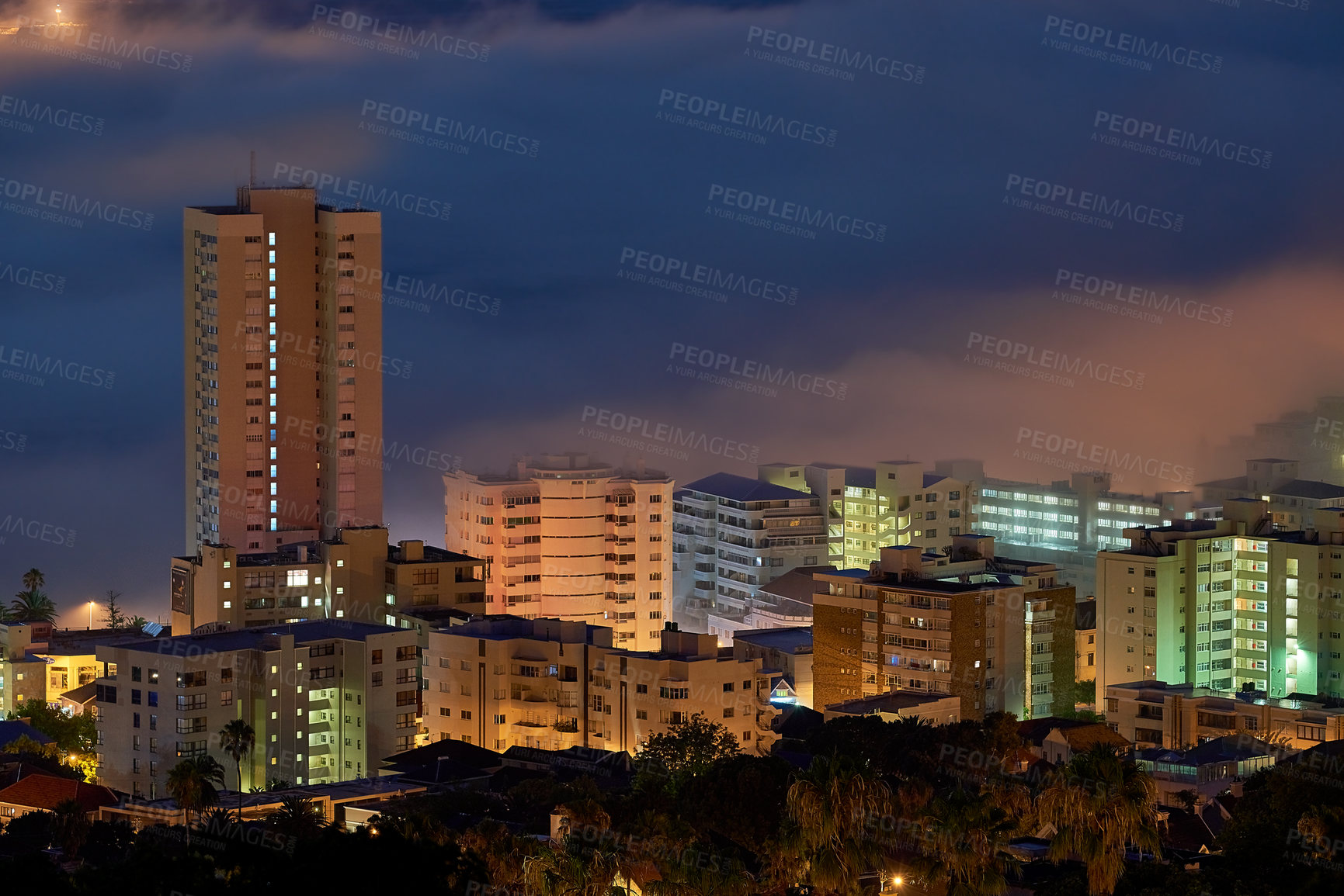 Buy stock photo Building, city and night with architecture or infrastructure outdoor on sky background for commercial business. CBD, corporate skyscraper development of urban town in evening for economy or finance