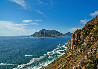 Buy stock photo Landscape, ocean and mountain for travel, holiday and nature with waves, rocks and sunshine. Coastal view, water and sea in summer for tropical vacation in Italy with blue sky, clouds and island