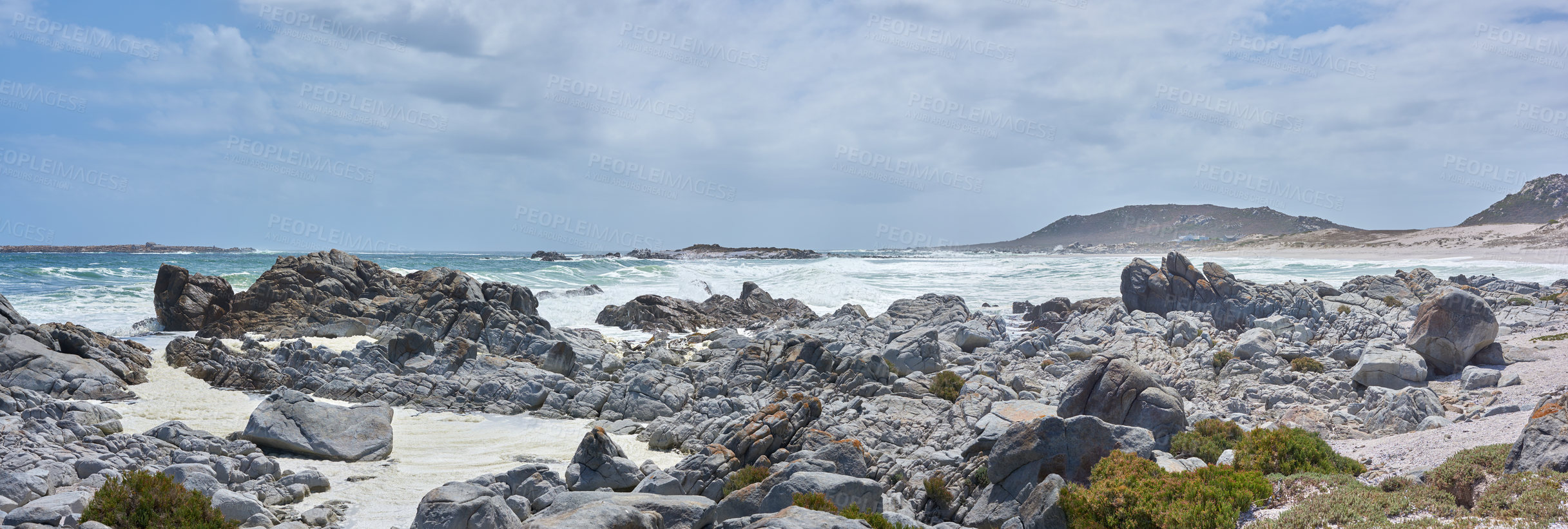 Buy stock photo Rocks, ocean and waves environment with shore and horizon for peace, travel destination and holiday location. Coast, blue sky and sea water for vacation landscape, panorama or scenery in nature