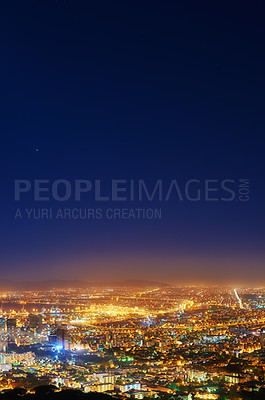 Buy stock photo Night, sky and city with lights, buildings and Cape Town with view, traffic and urban development. Future, cloud and industry with growth, transportation and landscape with streets, dark and travel