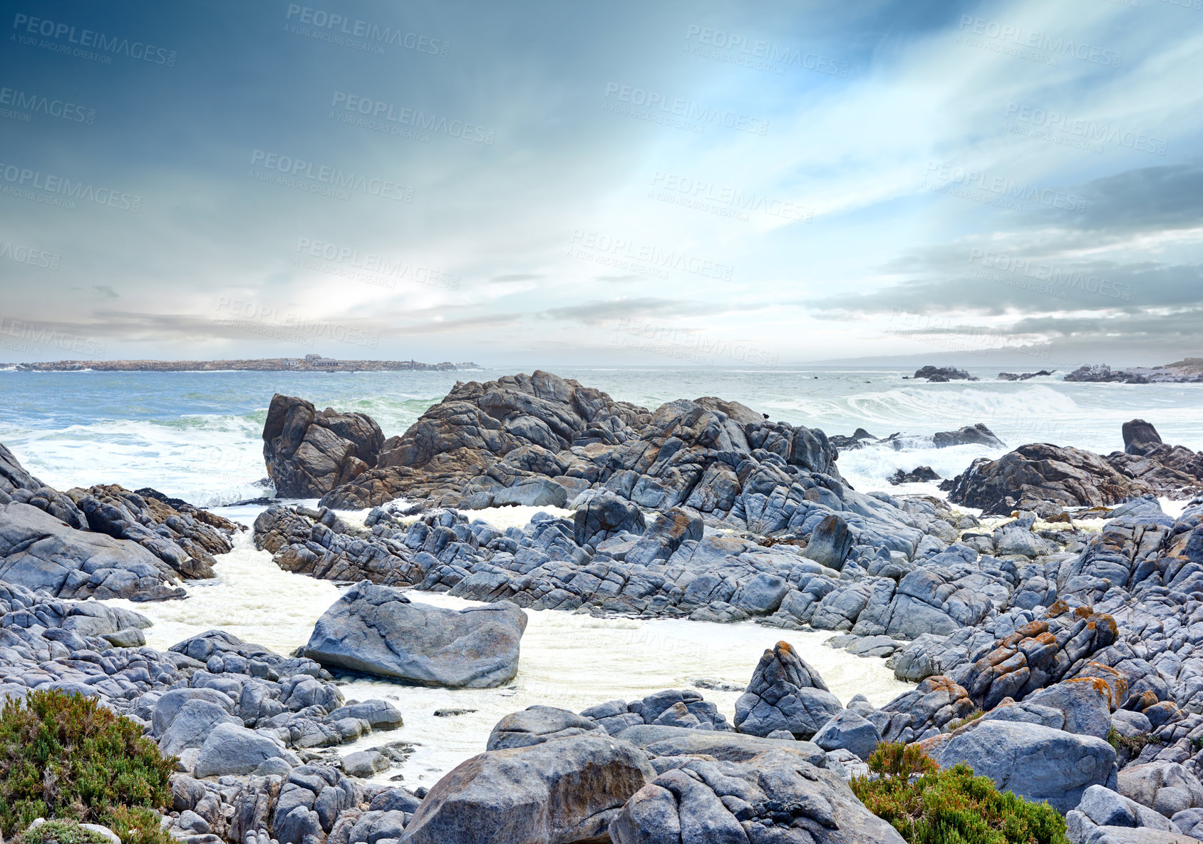 Buy stock photo Coast, sea and waves landscape with horizon and rocks for peace, travel destination and holiday location. Beach, cloudy sky and ocean water for vacation environment, skyline and scenery in nature