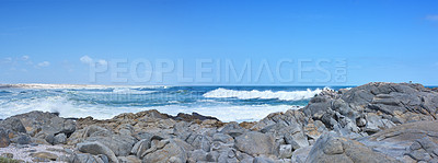 Buy stock photo Coastline, sea and waves environment with rocks and horizon for peace, travel destination and holiday location. Beach, blue sky and ocean water for vacation landscape, skyline and scenery in nature