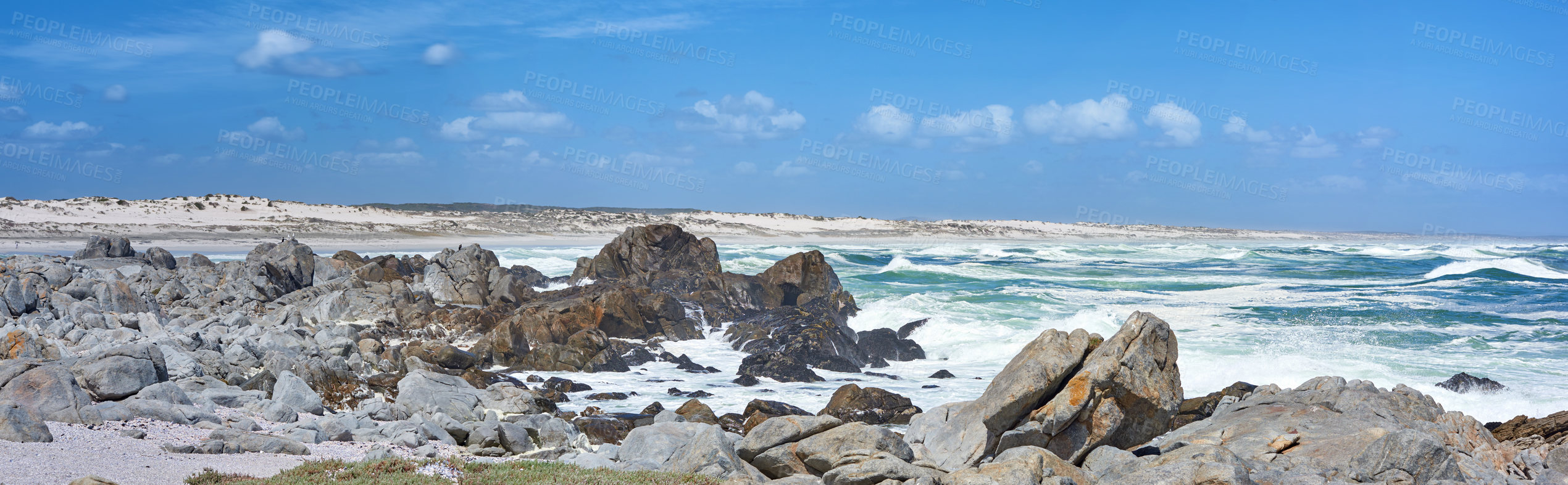 Buy stock photo Rocky beach, ocean and waves environment with rocks and horizon for peace, travel destination and holiday location. Coast, blue sky and sea water for vacation landscape, panorama or scenery in nature