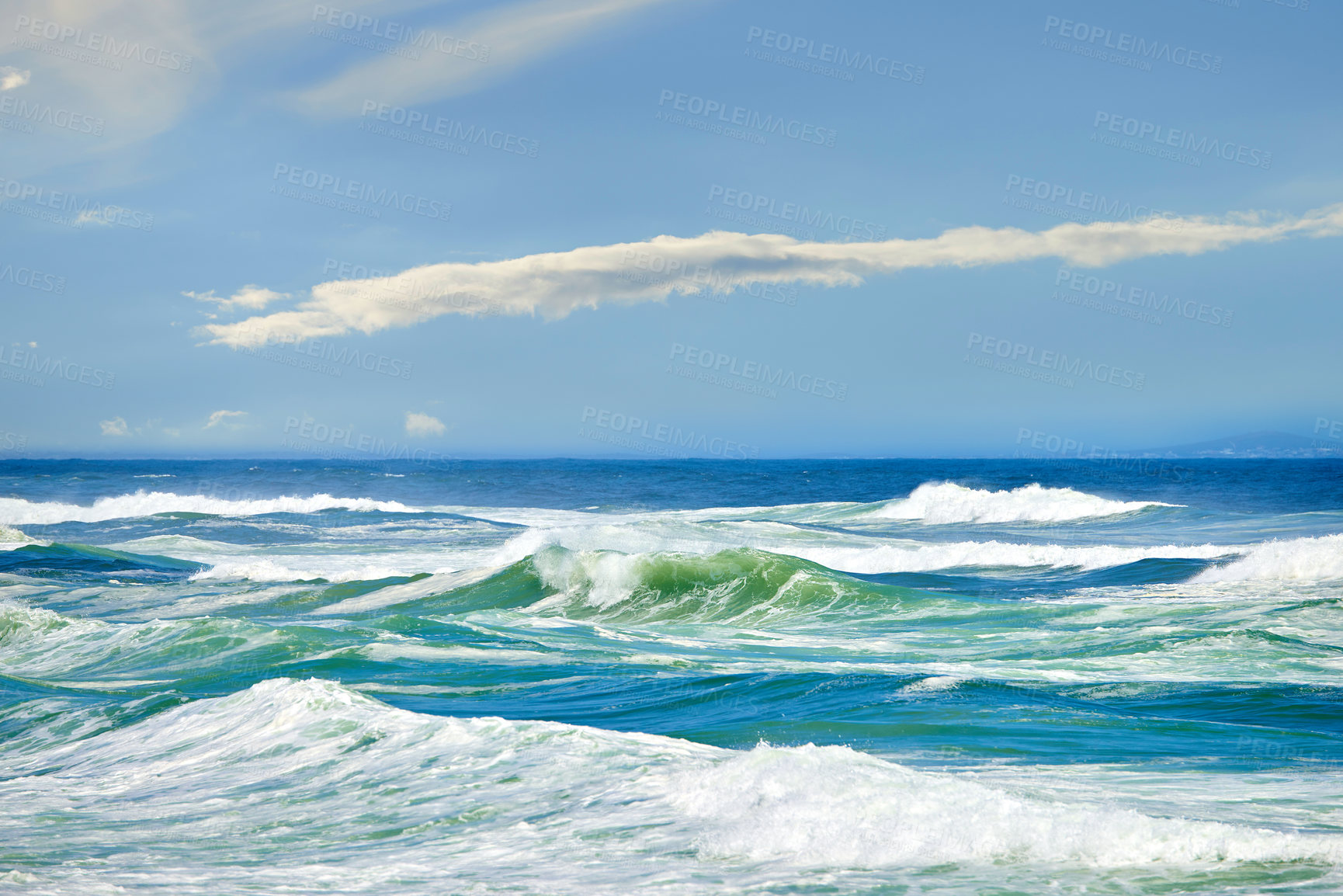 Buy stock photo Waves, sea and nature scenery with shore and horizon for peace, travel destination and holiday location. Seascape, cloudy sky and ocean water for vacation landscape, panorama or environment on coast