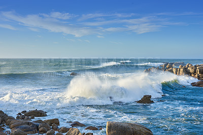 Buy stock photo Waves, blue sky and sea scenery with nature or horizon for peace, travel destination and holiday location. Seascape, rocks and ocean water for vacation landscape, panorama or environment on coast