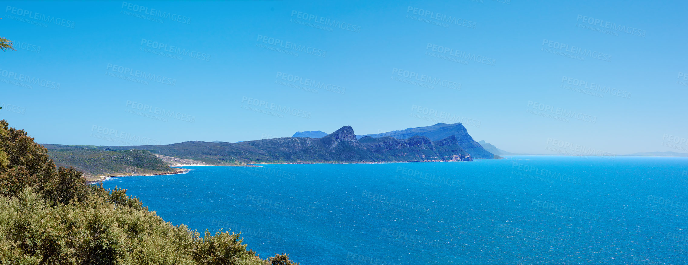 Buy stock photo Ocean, island and blue sky in outdoor nature, travel and peace in environment on sea vacation. Water, location and calm beach on weekend trip, tropical and holiday wallpaper of Caribbean skyline