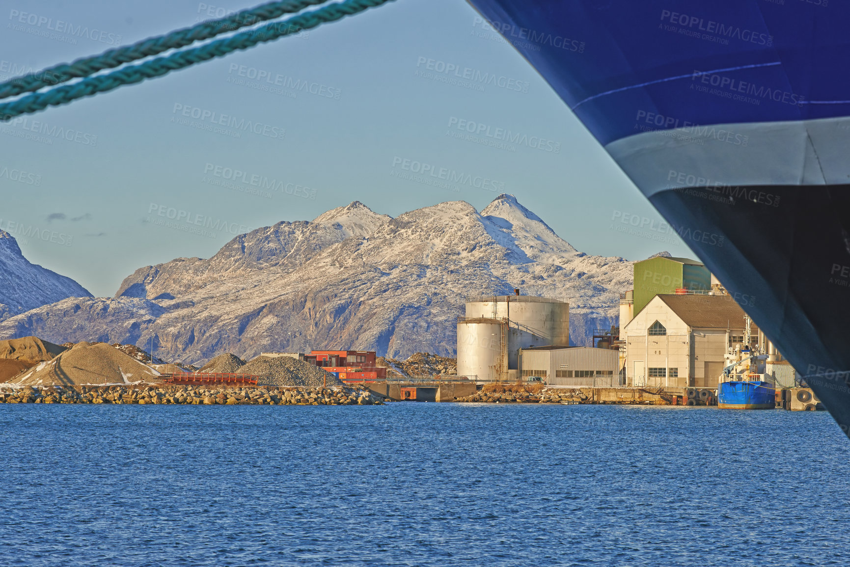 Buy stock photo Ship, harbor and ocean for cargo, transportation and travel with mountains, water and sunshine. Boat, sailing and sea as landscape in New York with sky for international export, delivery and trade