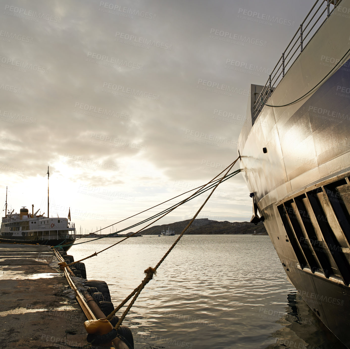 Buy stock photo Ship, harbor and ocean for cargo, sailing and travel with mountains, water and clouds. Boat, transportation and sea as landscape in New York with sky for international export, delivery and shipping