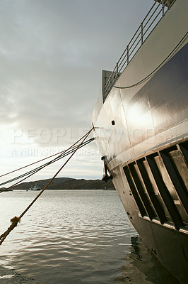 Buy stock photo Ship, harbor and sea for cargo, sailing and travel with mountains, water and clouds. Boat, transportation and ocean as landscape in New York with sky for international export, delivery and trade