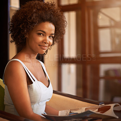 Buy stock photo Portrait, smile and black woman reading magazine at window in living room of home for weekend leisure. Book, morning and relax with confident young afro person in apartment for casual time off