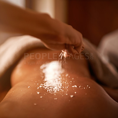Buy stock photo Spa, back and hands with salt massage of a woman with beauty specialist with treatment. Exfoliate, female person skincare and relax detox application for skin and calm wellbeing at a hotel with care