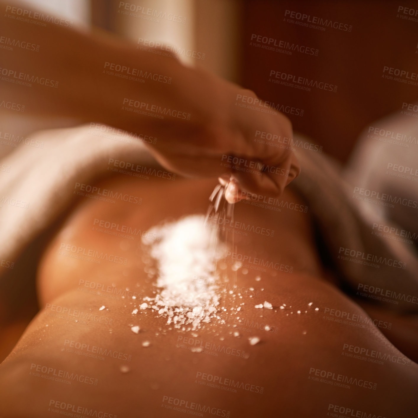 Buy stock photo Spa, back and hands with salt massage of a woman with beauty specialist with treatment. Exfoliate, female person skincare and relax detox application for skin and calm wellbeing at a hotel with care