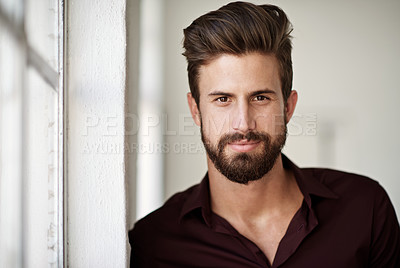 Buy stock photo Smile, pride and portrait of man in office with positive attitude for creative career growth at agency. Professional, writer and male journalist from New York with startup company in workplace.