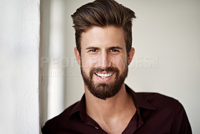 Buy stock photo Business man, portrait and smile of teaching administrator in school office with confidence. Creative, design lecturer and happy employee with headshot from job in New York with college professor