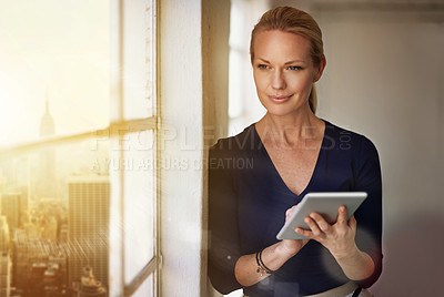 Buy stock photo Thinking, business and woman with tablet, window and social media with digital app, internet and choice. New York, person and employee with tech, connection and website info with solution or planning