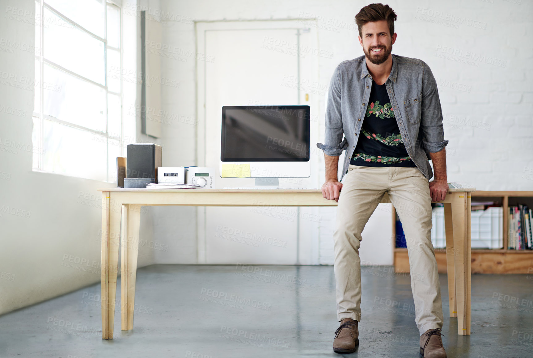 Buy stock photo Computer, creative and portrait of web development man at desk in office for administration of programming. Business, design and tech with happy developer in professional workplace for IT support