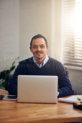 Buy stock photo Happy, laptop and portrait of business man in office for communication, email or search web. Lens flare, professional and employee with computer for planning, agenda or typing report in workplace
