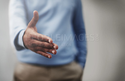 Buy stock photo Handshake, welcome and businessman stretching hand for agreement, collaboration or deal. Career, partnership and professional male hr manager with greeting gesture for onboarding or recruitment.