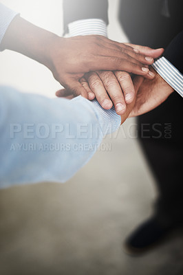 Buy stock photo Business people, hands and stack for teamwork unity or partnership support, trust or solidarity, Colleagues, fingers and pile as company team building or corporate agreement, synergy or collaboration