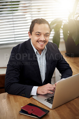 Buy stock photo Smile, laptop and portrait of business man at desk for communication, email or search web. Lens flare, professional and employee with computer for planning, agenda or typing report in office