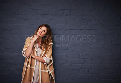 Buy stock photo Fashion, thinking and portrait of woman by brick wall with stylish, trendy and elegant outfit. Beauty, brainstorming and female model with classy clothes for style by black background with mockup.