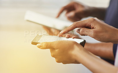Buy stock photo People, hands and typing on technology together with teamwork for support, networking and help. Man, woman and collaboration with connectivity on phone for online survey, information or questionnaire