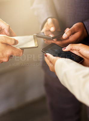 Buy stock photo People, together and hands with smartphone in circle for teamwork, support and networking. Diversity, technology and collaboration with connectivity for online voting, virtual poll and digital ballot