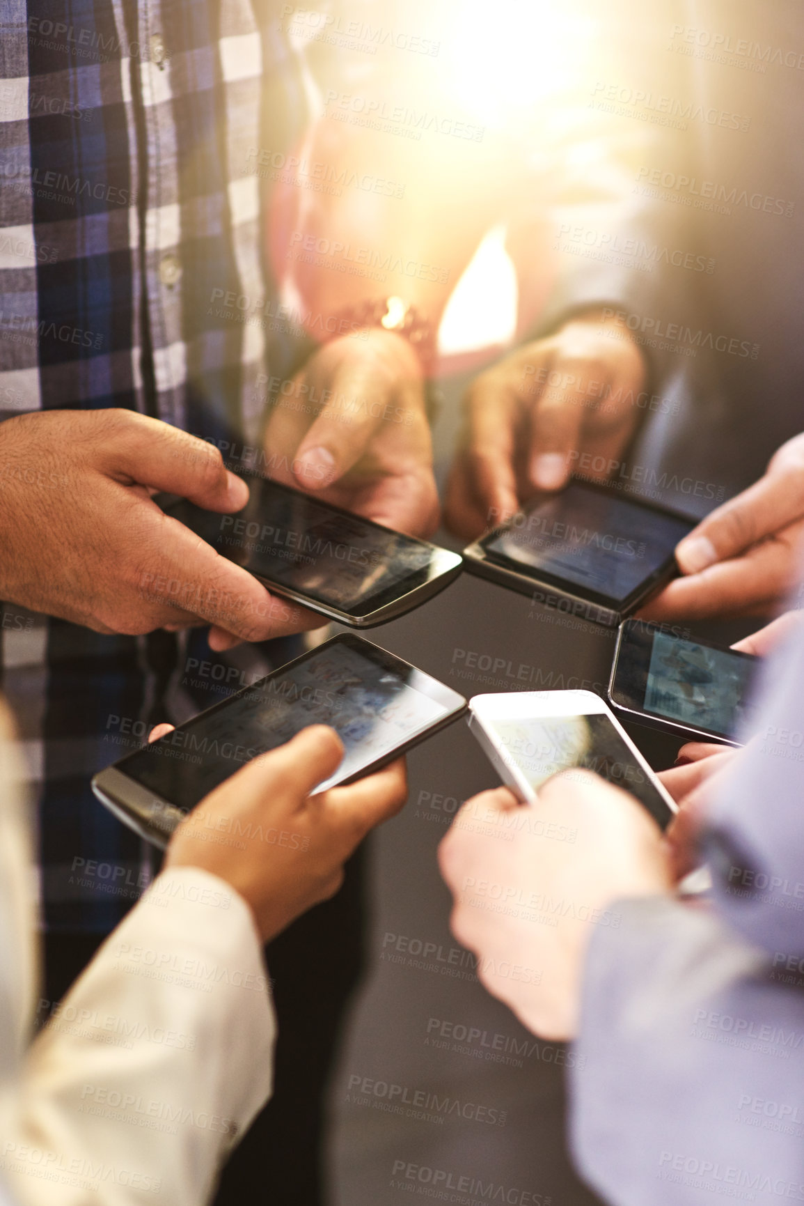 Buy stock photo People, connection and hands with smartphone in circle together for networking, support and teamwork. Diversity, collaboration and technology with help for data sharing, transfer and communication